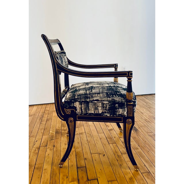 Sunning piano lacquer-finish with gilt accents (Greek Key Friezeon back of chair, carvings on legs and arms) Greek Klismos...