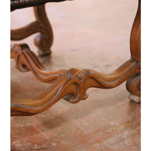 Pair of 19th Century French Louis XIII Walnut Armchairs With Embossed Leather For Sale - Image 11 of 14