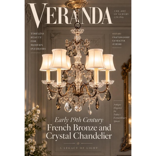 This elaborate multi-light chandelier features a central fluted glass column adorned with brass scrolling arms and draped...