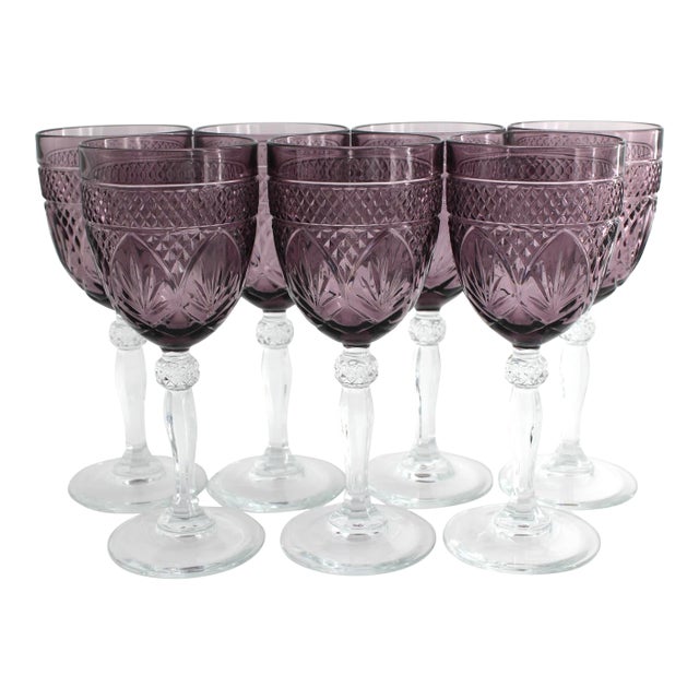 1990s Cristal d'Arques Purple Amethyst Water Wine Crystal Goblets Glasses - Set of 7 For Sale