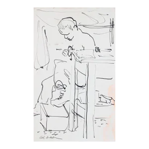 Man in His Workshop, Modernist Drawing Mid Century Ink