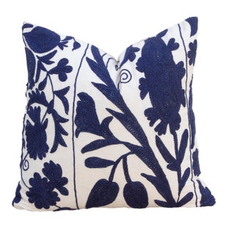 Navy Blue Floral Suzani Throw Pillow For Sale