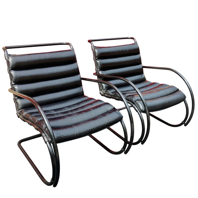 1970s Pair of Black Leather and Steel Cantilever Armchairs For Sale - Image 11 of 12