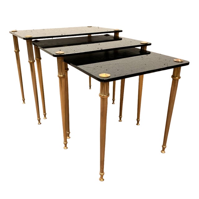 Nesting Table in Brass and Black Glass, 20th Century, Set of 3 For Sale