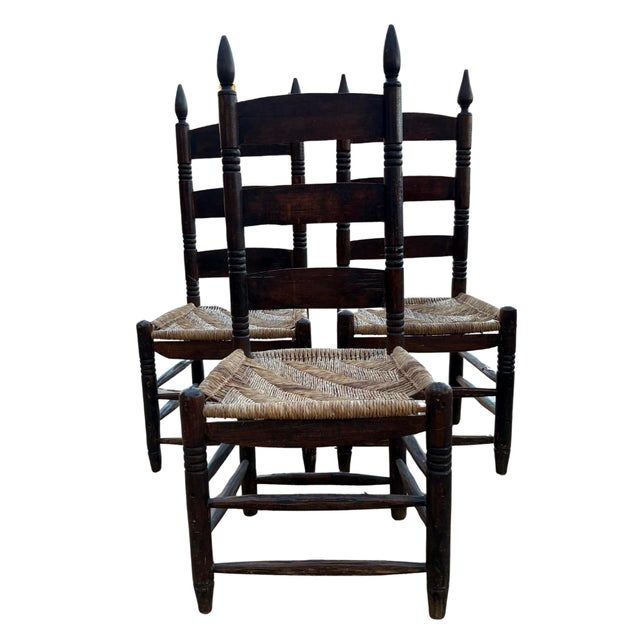 Set of Three Antique Primitive Ladder-Back Chairs With Woven Herringbone Rush Seats and Finials For Sale - Image 11 of 12