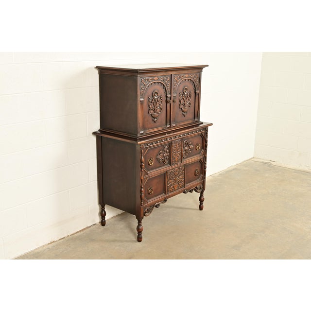 Empire Furniture Berkey & Gay Style Antique English Jacobean Carved Walnut Highboy Dresser, Circa 1920s For Sale - Image 4 of 16