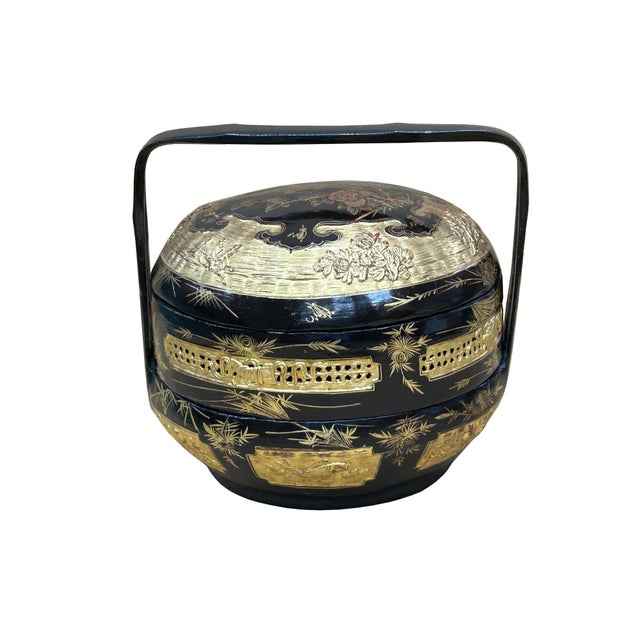 Vintage Oriental Black Golden Graphic Stack Wedding Basket Display For Sale - Image 11 of 17