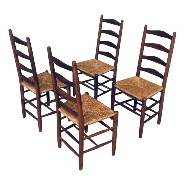 Rustic Handcrafted Oak and Rush High Back Dining Chairs, Belgium, 1940s, Set of 4 For Sale