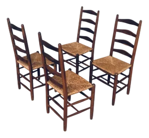 Rustic Handcrafted Oak and Rush High Back Dining Chairs, Belgium, 1940s, Set of 4