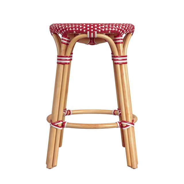 Tobias 24 in. Seat Height Round Rattan Backless Counter Stool, Red/White Dot/ Natural Rattan Frame For Sale In Chicago - Image 6 of 8