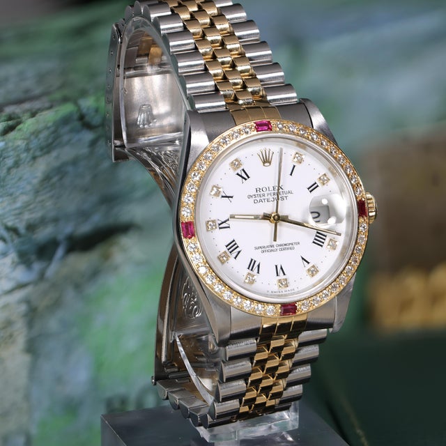 White Rolex Datejust 16233 Two Tone Steel-18k Gold Ruby Diamond Bezel Vintage Watch For Sale - Image 8 of 17