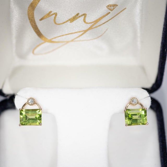 Modern 3.3Ct Peridot Earrings With Earth-Mined Diamond Accents in Solid 14k Gold, 8x6mm For Sale - Image 3 of 8