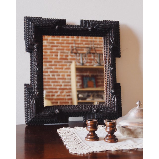 Wood Antique Hand Carved Tramp Art Mirror, Late 19th Century For Sale - Image 7 of 18