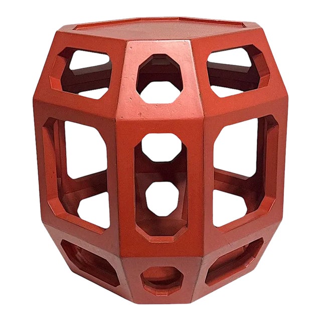 Mid Century Hexagonal Chinese Art Deco Solid Wood Drum Stool / Side Table With Red Lacquer Finish For Sale