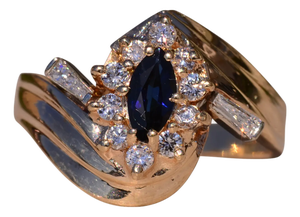 1980s The Osborne Park: Yellow Gold Sapphire and Diamond Designer Ring, Size 10