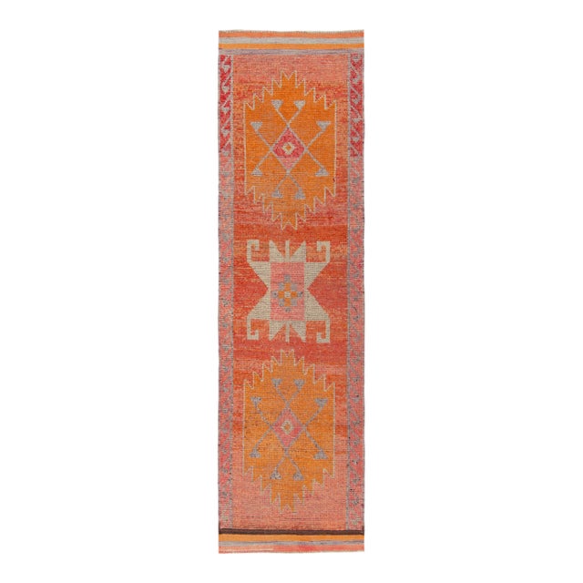 1950s Vintage Tribal Runner in Pink, Red and Orange Medallions For Sale