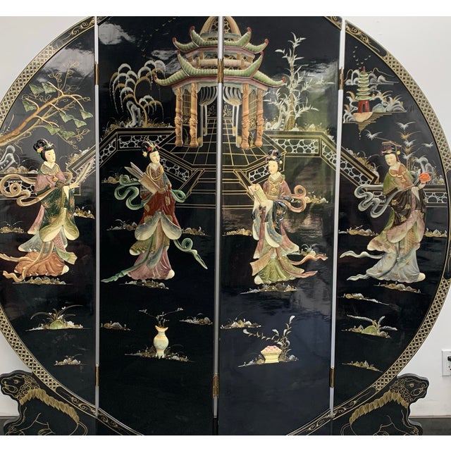 Chinoiserie Vintage Chinoiserie Black Lacquer Inlaid Room Divider Screen For Sale - Image 3 of 12