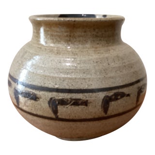 Vintage Stoneware Studio Pottery Vase Tan/Brown Speckled Glaze Moriage Style Signed For Sale