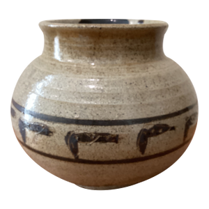 Vintage Stoneware Studio Pottery Vase Tan/Brown Speckled Glaze Moriage Style Signed