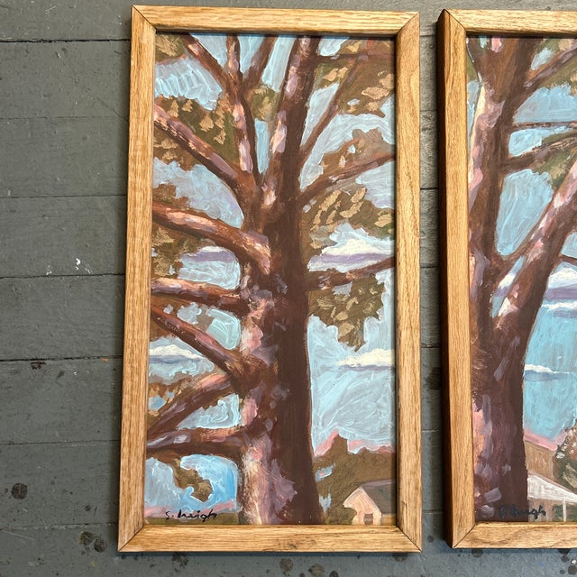 Set of two contemporary oak tree paintings by Stephen Heigh. Each signed and framed. Measures 9.5x18.5 unformed and...
