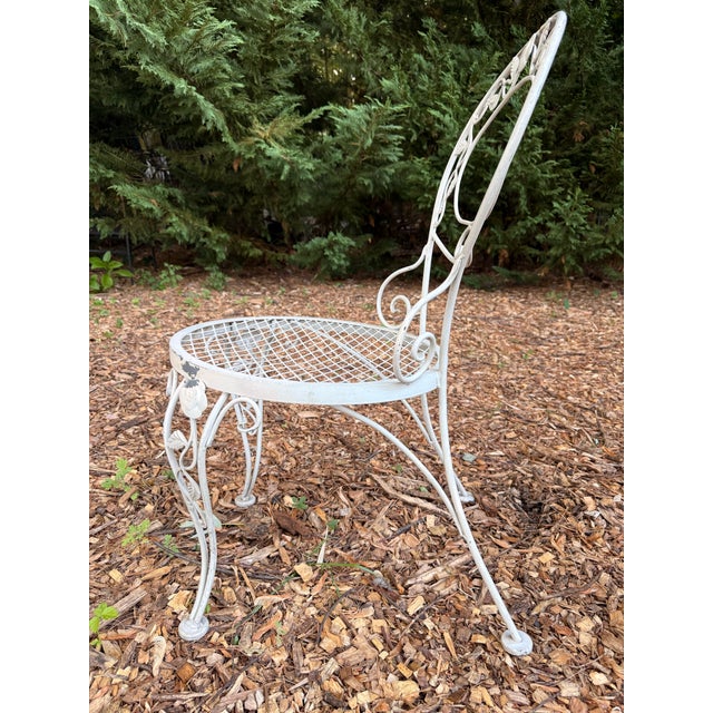 Vintage Woodard Chantilly Rose Wrought Iron Side Chairs — Set of 3 | Original White / Grey Paint | Stamped Maker’s Mark For Sale In New York - Image 6 of 12