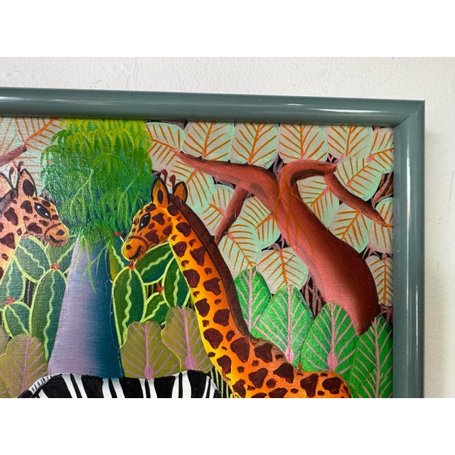 Mid-Century Modern 1987 H. Fils Aimond Haitian Folk Art Jungle Landscape With Zebra & Giraffes – Sold For Sale - Image 3 of 8