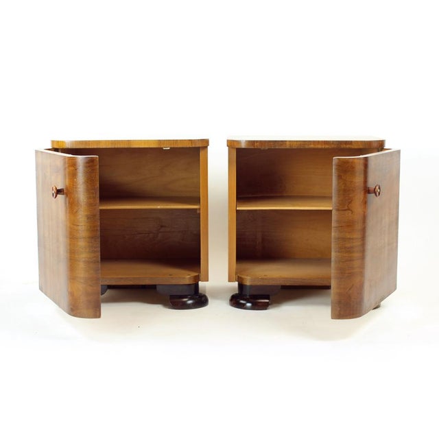 Contemporary Vintage Art Deco Bedside Tables in Walnut Veneer, Czechoslovakia, 1930s, Set of 2 For Sale - Image 3 of 18