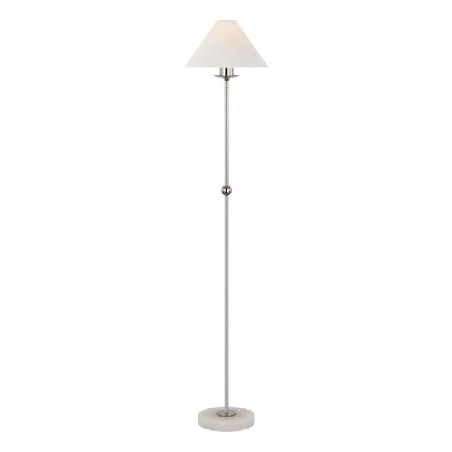 Chapman & Myers by Visual Comfort Signature Caspian Medium Floor Lamp in Polished Nickel and Alabaster with Linen Shade For Sale