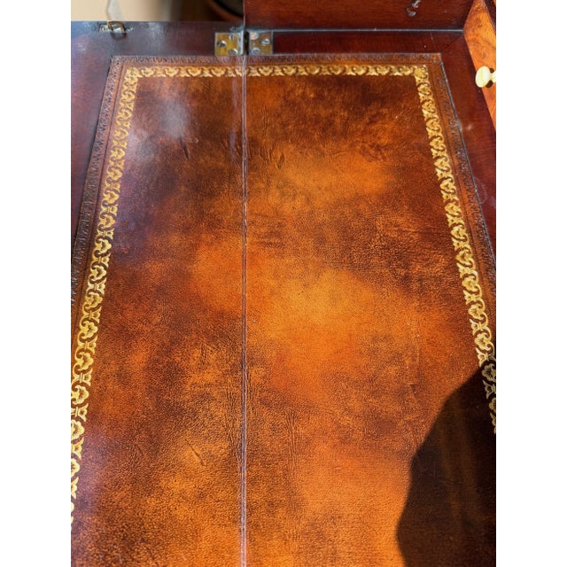 Antique Tennenbaum Flame Mahogany Secretary Desk with Leather Fall Front and Custom Bouclé Chair For Sale - Image 10 of 18