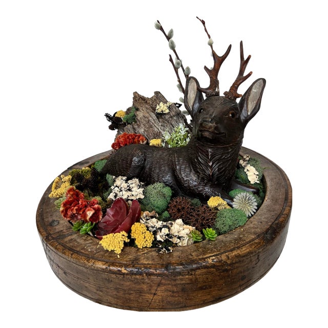 Vintage Hand-Carved Wooden Deer Diorama Folk Art Stag Sculpture in Rustic Bowl Woodland Centerpi For Sale