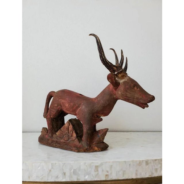Red Old Bali or Java Temple Deer Statue Indonesian Folk Art Carving For Sale - Image 8 of 11