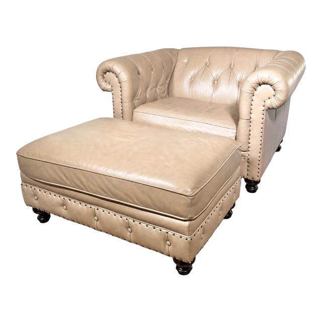 Bernhardt Tan Leather Tufted Chesterfield Club Chair and Ottoman For Sale