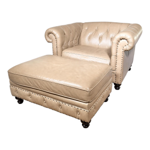 Bernhardt Tan Leather Tufted Chesterfield Club Chair and Ottoman