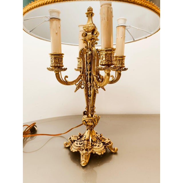 Antique Four-Light Bronze Lamp with Lampshade For Sale - Image 11 of 18