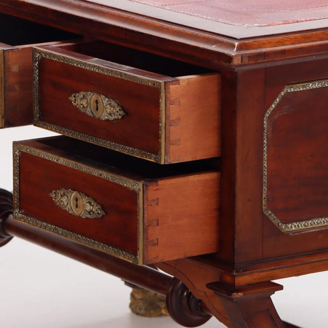 French Empire Style Leather Top Mahogany Writing Desk Having Bronze Mounts, Claw Feet and Resting on Slabs of Green Marble (Optional) C 1890. For Sale - Image 4 of 7