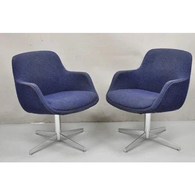 Vintage Mid Century Modern Blue Upholstered Chrome Swivel Base Club Chair - Pair For Sale - Image 12 of 12