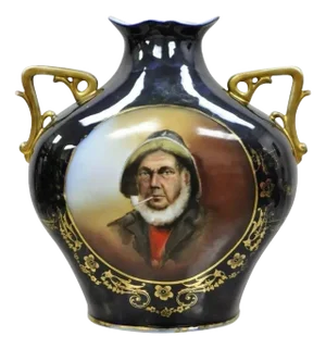 Antique German Blue Twin Handled Portrait Vase of Sailor Man Smoking Pipe