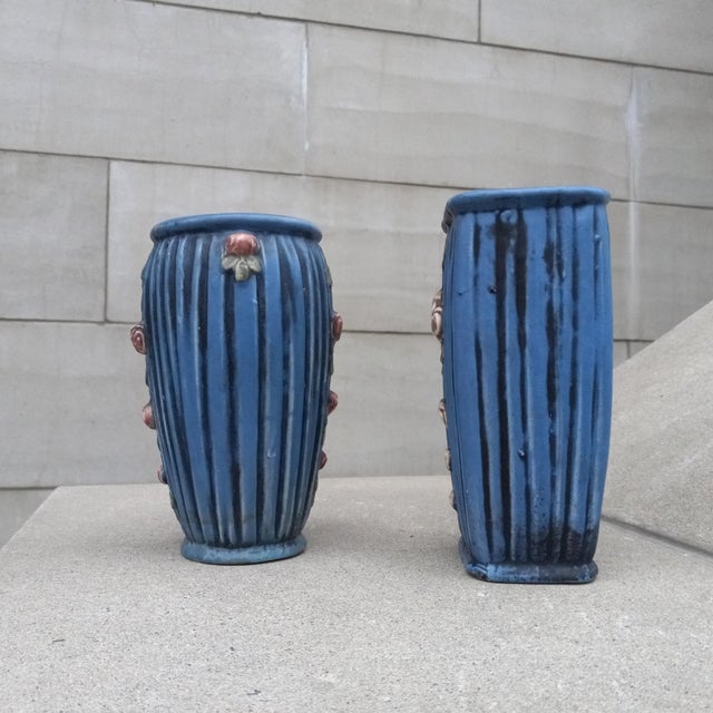 1915 Weller Art Pottery Blue Drapery Pair (2x) of Vases For Sale - Image 10 of 12