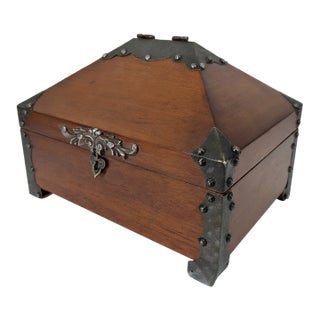 Vintage Mahogany Treasure Chest Jewelry Box – Ornate Black Metal Hardware, Riveted Corners & Yellow Velvet Lining For Sale