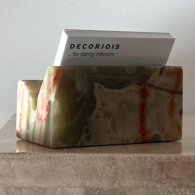 A vintage onyx card holder, 1960s. Most likely from Italy, Mexico, or Pakistan. Tones of pistachio, rust, and toffee. 4” W...