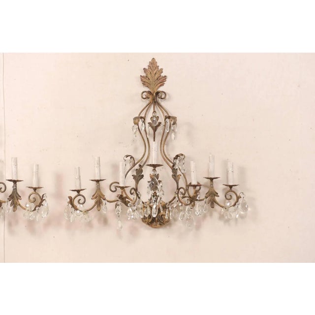 Mid 20th Century Mid-Century Seven-Light Crystal and Iron Sconces With Leaf Crest Tops - a Pair For Sale - Image 5 of 11