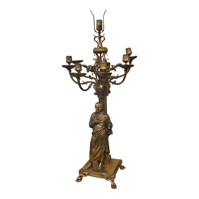 Late 19th Century Large French Neoclassic Bronze Table Lamp Candelabra Statue For Sale