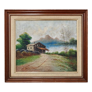 Joana, Landscape with House and Lake, Oil on Canvas, Framed For Sale