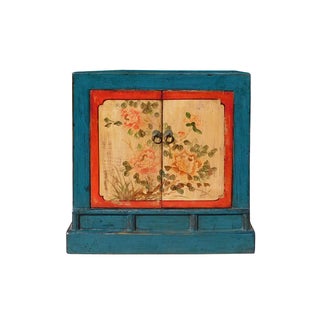 Chinese Bright Blue Orange Flower Table Cabinet For Sale