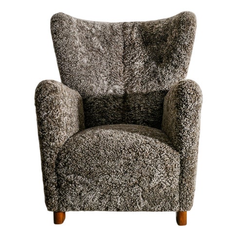 Early Mid-Century Danish Modern Wingback Armchair in Grey Sheepskin by Thorald Madsen, 1940s For Sale