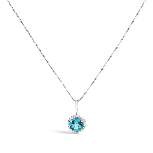 10K White Gold Blue Topaz and 3/8 Cttw Diamond Halo Jewelry Set (Earrings, Pendant & Ring) For Sale - Image 4 of 6