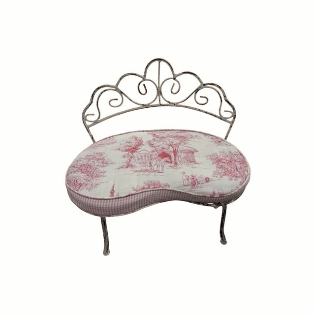 Metal Vintage Wrought Iron Children’s Benches With Custom Toile Cushions - A Pair For Sale - Image 7 of 14