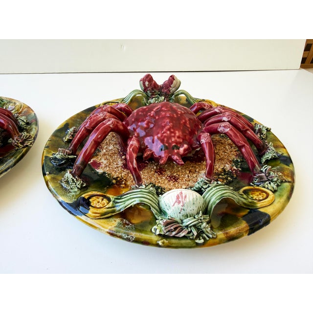 Mid 20th Century Pair of French Palissy Majolica Crab Plates For Sale - Image 5 of 12