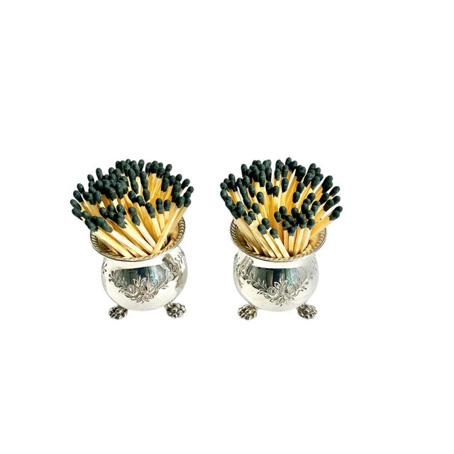 American Pair Silver Plate Hand Chased Matchstick Holders For Sale - Image 3 of 12