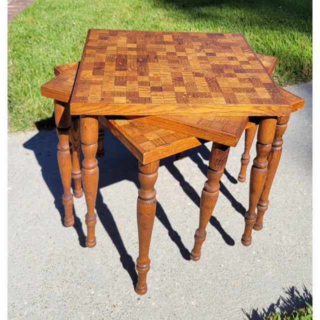 Mid-Century Modern 1960s Mid-Century Modern Oak Parquet Cocktail Tables or Plant Stands, 3 Pieces For Sale - Image 3 of 6